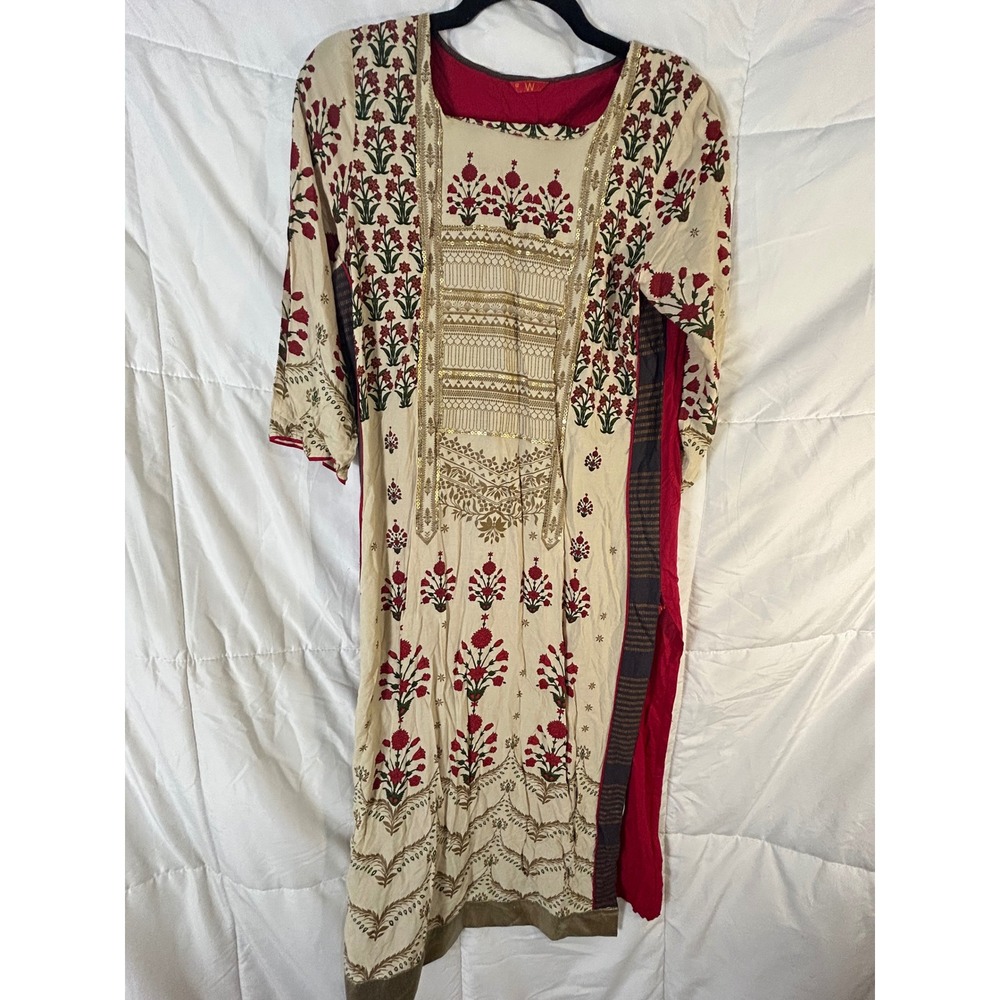 W for Woman Kurti Tunic Top Beige Red Floral Print Sequins Made in India Size 10